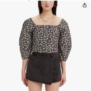Levis Yvie Statement Blouse Cropped Black Agate Puff Sleeve, Size Medium